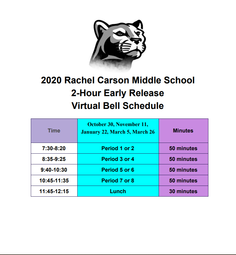 20202021 2Hour Early Release Virtual Bell Schedule Rachel Carson