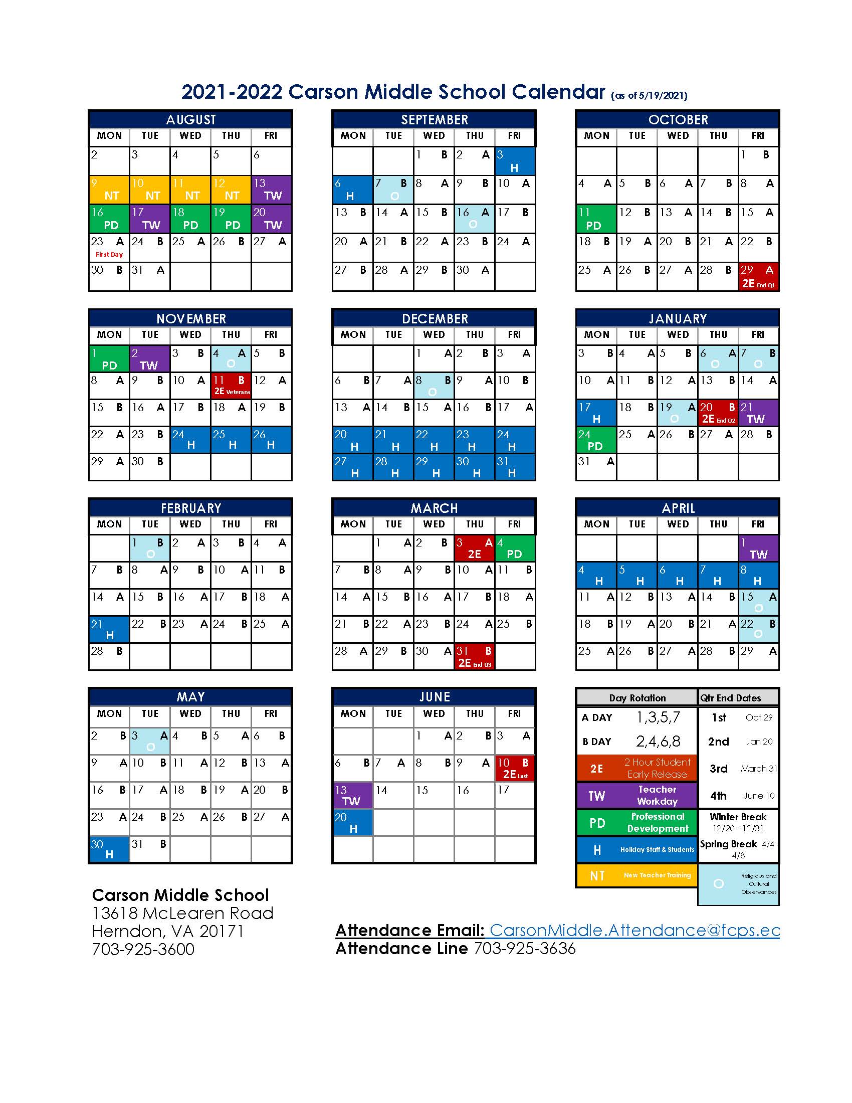 Fairfax County Calendar 2022 2021-2022 A/B Day Calendar | Rachel Carson Middle School