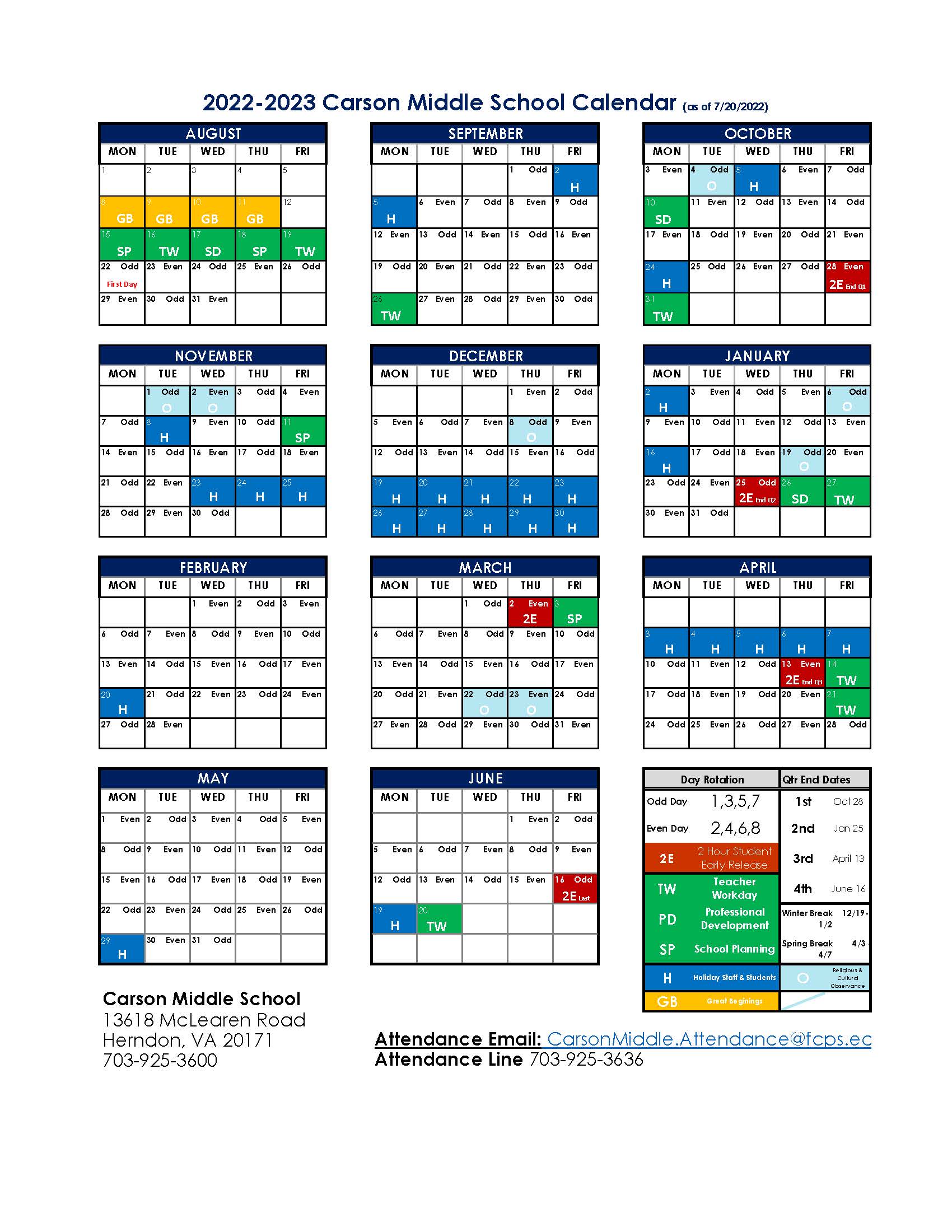 2022-2023 Odd/Even Day Calendar | Rachel Carson Middle School